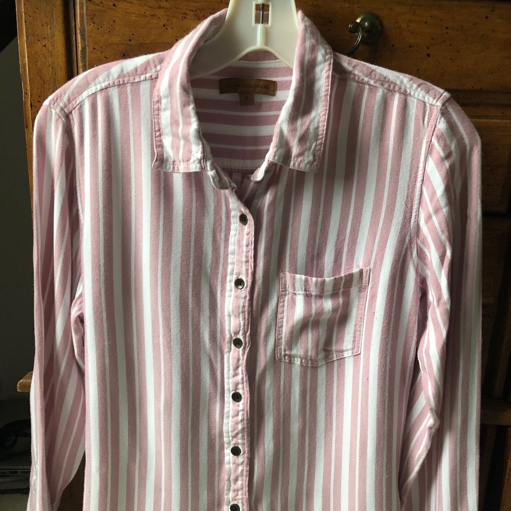 Women's Button Up Blouse By Jachs Girlfriend, White With pink stripes, size S
